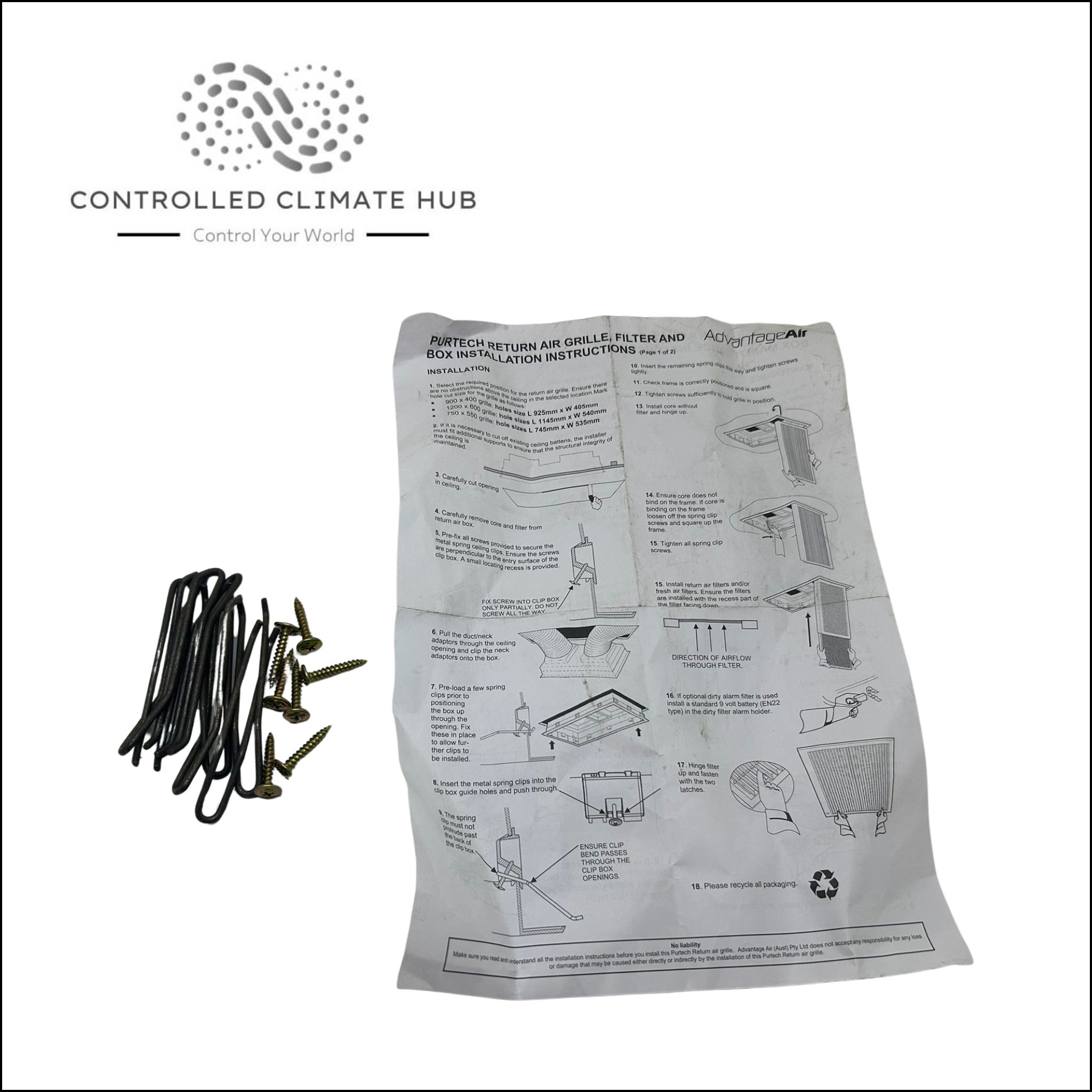 Advantage Air Purtech Return Air Grille Installation Kit Spring Clips and Screws